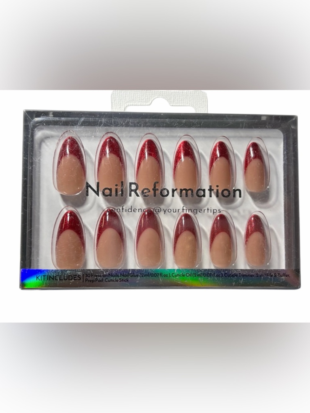 NIB Nail Reformation Ruby Sparkle Glitter Press-On Nails - Red Glitter Tips - Picture 2 of 8
